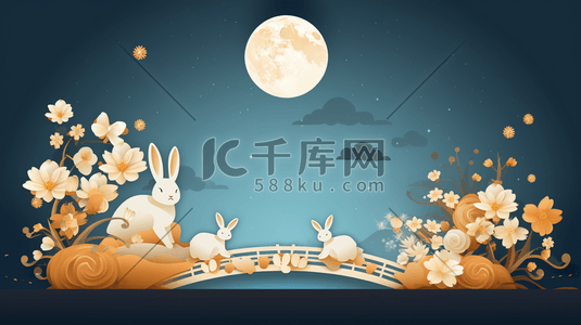 夜空古风插画图片_古风手绘中秋节圆月下兔子插画7