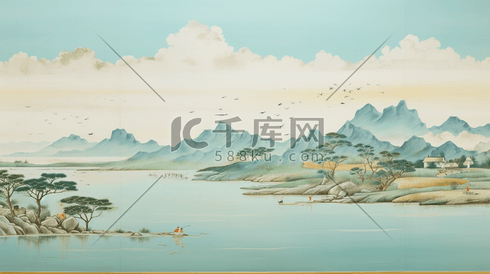 油画质感厚重青绿中国山水风景插画7