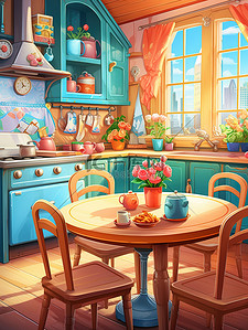 厨房餐桌插画图片_厨房圆形餐桌窗户彩色壁纸儿童书籍插图16