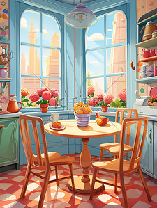圆形分解插画图片_厨房圆形餐桌窗户彩色壁纸儿童书籍插图8