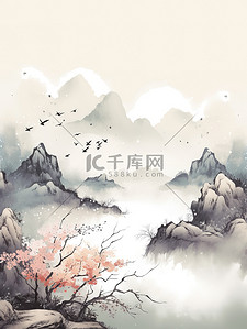 棕插画图片_中国风群山祥云棕色调16