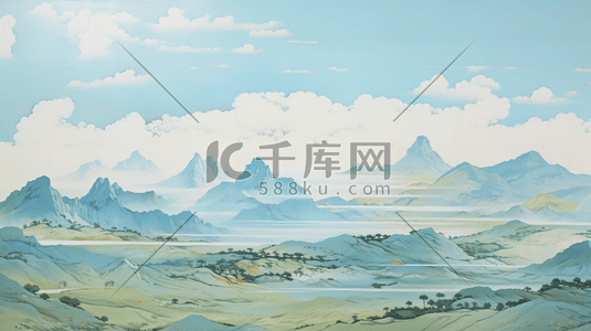 油画质感厚重青绿中国山水风景插画22