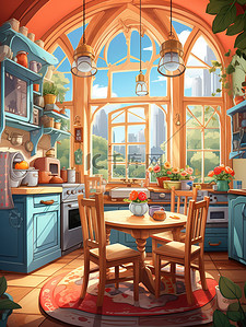餐桌插图插画图片_厨房圆形餐桌窗户彩色壁纸儿童书籍插图18