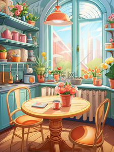 餐桌插图插画图片_厨房圆形餐桌窗户彩色壁纸儿童书籍插图20
