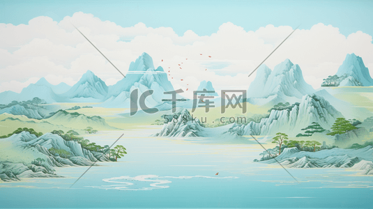 青绿按钮插画图片_油画质感厚重青绿中国山水风景插画30