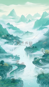 天青色等烟雨插画图片_中国风青色山水水墨山水