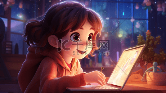 玩电脑的人插画图片_手绘可爱小女孩玩手提电脑插画2