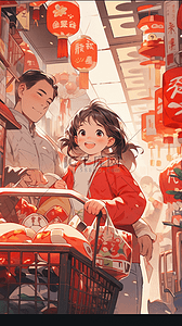新年春节一家人逛超市买年货插画