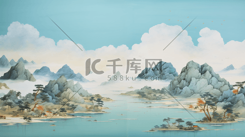 油画质感厚重青绿中国山水风景插画10