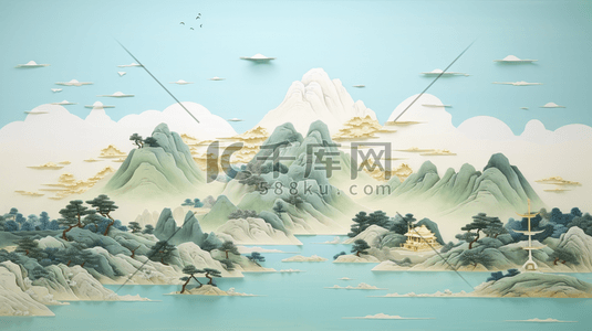 油画质感厚重青绿中国山水风景插画20