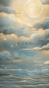 中秋节的艺术插画图片_国风中秋云海里的明月