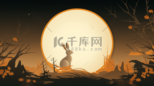 夜空古风插画图片_古风手绘中秋节圆月下兔子插画6