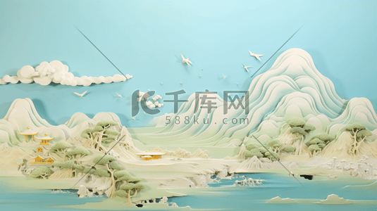 油画质感厚重青绿中国山水风景插画6