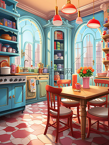 厨房餐桌插画图片_厨房圆形餐桌窗户彩色壁纸儿童书籍插图19