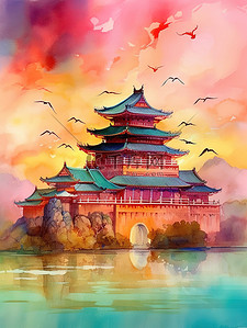 中国风古代宫殿镀金建筑水彩画3