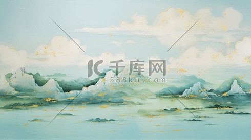 油画质感厚重青绿中国山水风景插画14