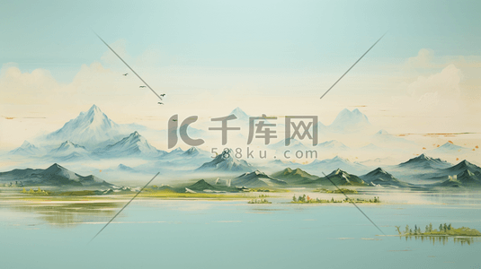 油画质感厚重青绿中国山水风景插画35