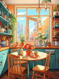 厨房餐桌插画图片_厨房圆形餐桌窗户彩色壁纸儿童书籍插图12