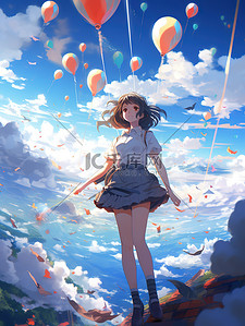 高空排污插画图片_晴朗天空白云漂亮的女孩二次元动漫11