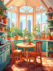 厨房餐桌插画图片_厨房圆形餐桌窗户彩色壁纸儿童书籍插图11