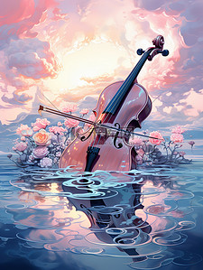海上暴风插画图片_飘浮在海上的吉他梦幻插画19
