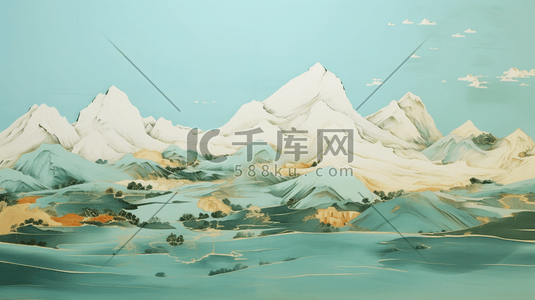 青绿按钮插画图片_油画质感厚重青绿中国山水风景插画18