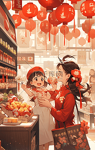 春节一家人逛超市买年货场景手绘插画