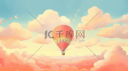 天空彩霞插画图片_手绘唯美夕阳下的热气球插画2