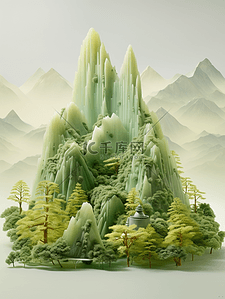 远山绿色中国风插画图片_中国风青山绿水风景插画30
