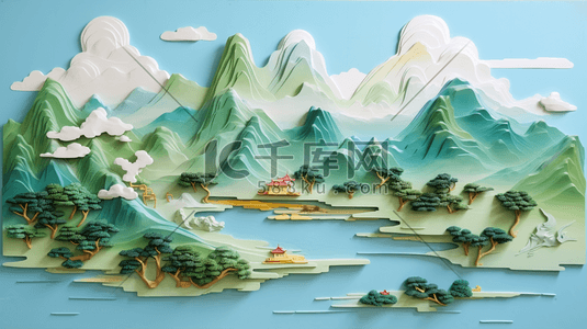 颜色青绿插画图片_油画质感厚重青绿中国山水风景插画15