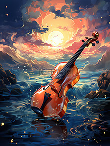 飘浮在海上的吉他梦幻插画7