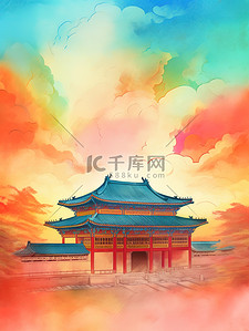 中国风古代宫殿镀金建筑水彩画15