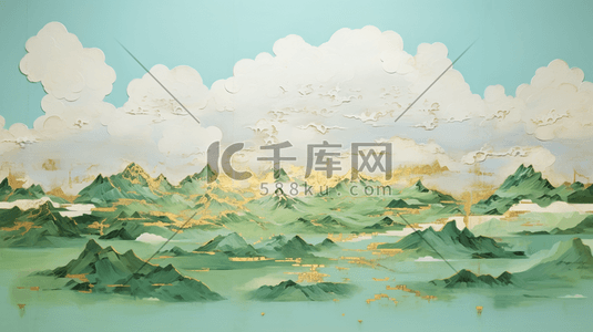 青绿按钮插画图片_油画质感厚重青绿中国山水风景插画17