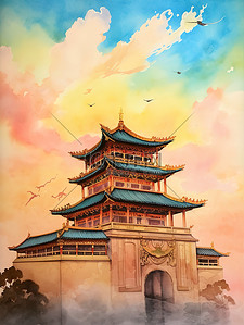 蓝色水彩画插画图片_中国风古代宫殿镀金建筑水彩画5