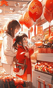 新年数字倒计时插画图片_新年一家人逛超市买年货场景手绘插画