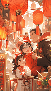 元旦新年倒计时插画图片_新年春节一家人逛超市买年货场景