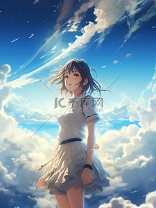 高空排污插画图片_晴朗天空白云漂亮的女孩二次元动漫9