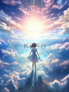 高空插画图片_晴朗天空白云漂亮的女孩二次元动漫15