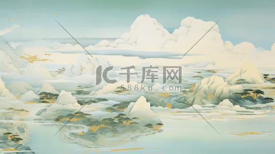 质感2插画图片_油画质感厚重青绿中国山水风景插画2