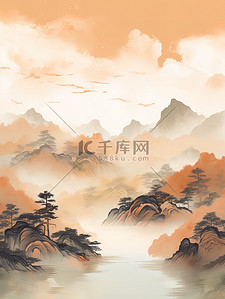 棕插画图片_中国风群山祥云棕色调6