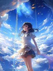 漂亮的簪子插画图片_晴朗天空白云漂亮的女孩二次元动漫2