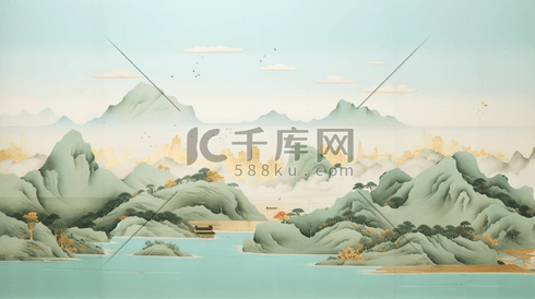 油画质感厚重青绿中国山水风景插画25