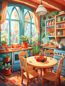 厨房餐桌插画图片_厨房圆形餐桌窗户彩色壁纸儿童书籍插图3