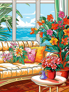 客厅白色插画图片_地中海风格舒适的客厅7