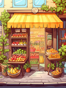 商店卡通插画图片_可爱的水果商店卡通插画5