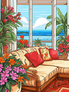客厅白色插画图片_地中海风格舒适的客厅15