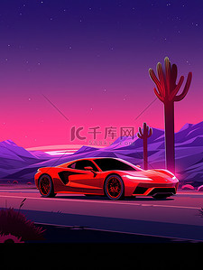 沙漠夜晚插画图片_旅行在沙漠中的汽车日落1