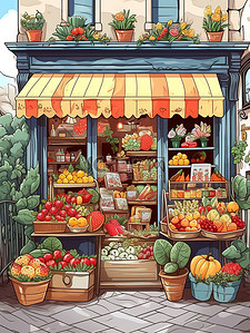 卡通商店的插画图片_可爱的水果商店卡通插画20