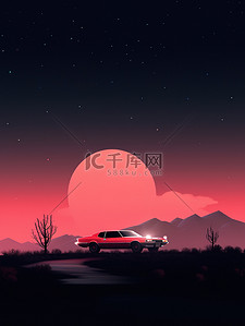 沙漠夜晚沙漠插画图片_旅行在沙漠中的汽车日落7