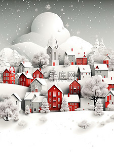 相间肥牛插画图片_红白相间的雪村圣诞节主题5
